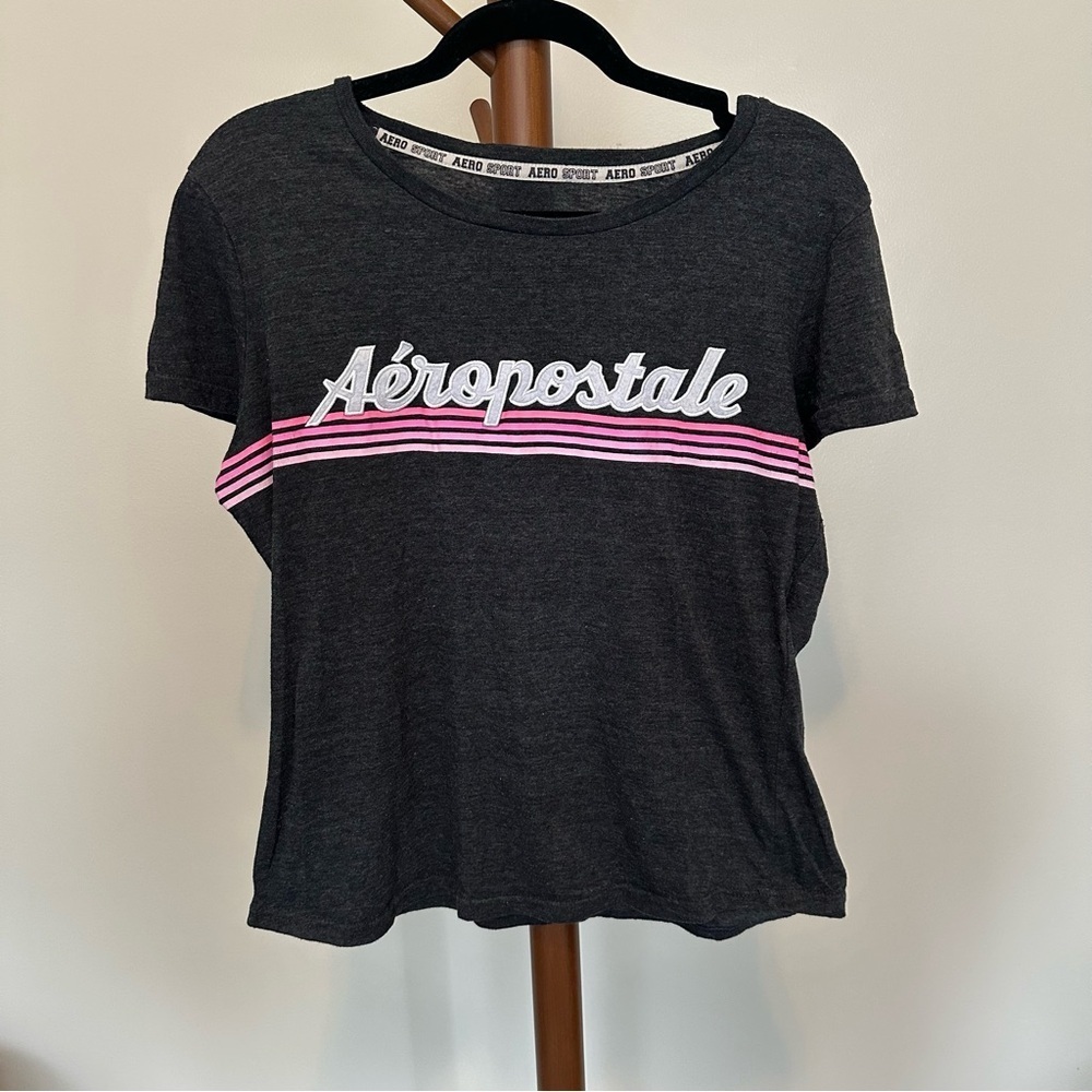 Aeropostale Women's Gray and Pink Top Medium